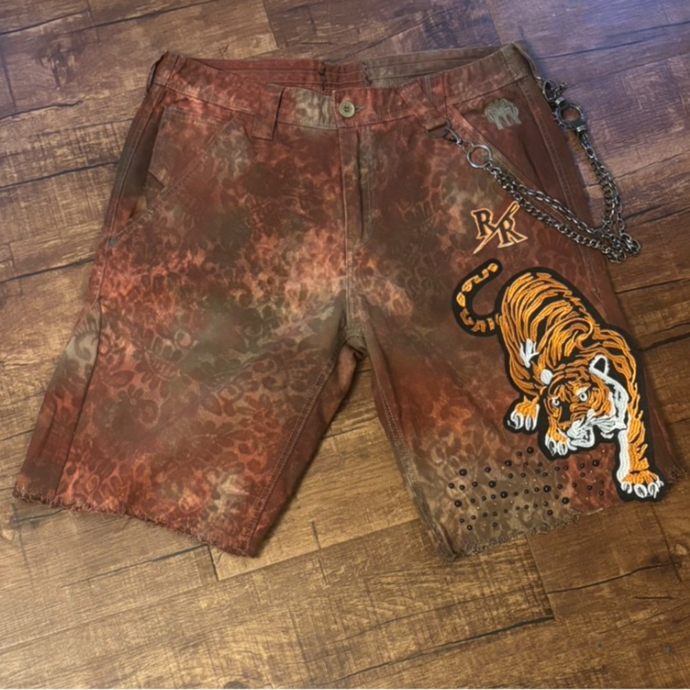 Custom made by Ri-Roc brown and Orange Tiger patch Shorts size 36
